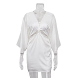 Fongt Wind 2024 Summer New White Satin Deep V-Neck Hollow Kink Seven Minute Sleeve Tight Dress-Outfit