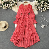 Fongt Sexy Solid Color V-Neck Pleated Flounce Flared Sleeve To The Dress-Outfit