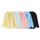 Fongt Women's Summer Folding V-Neck Folding Collar Trim With Chiffon Long-Sleeved Shirt Skirt Suit