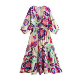 Fongt Women's V-Neck Flower Print Long Dress 9287