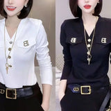 Slim Solid Color Screw Thread Pullovers Casual Fake Pocket Patchwork Female Spring Autumn Letter Elegant V-Neck T-shirt-Outfit