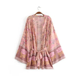 Women Bohemian Yellow V neck Flower Print Kimono Shirt Holiday Beach Tide Bow Sashes Mid Long Cardigan Blouse