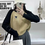 Fongt Sleeve Love Bottom Sweater Female Autumn Winter 2024 New Small Lazy Wind Loose Spell Color Knit Top-Outfit