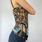 Fongt Dopamine Lace Spliced Leopard Print Sling Vest Women's Side Slit Closed Waist Strap Bottom Top-Outfit