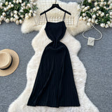 Fongt Dress Women 2025 New Gentle Wind Temperament Slings Waists Thin Vertical Knitted Dress Inside The Long Skirt