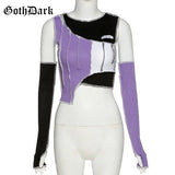 Dark Techwear Fashion Color Blocking T-shirts Punk Patchwork Hip Hop Sleeve Separate Crop T-shirt Autumn O-neck Women