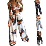 Fongt New Summer Women's Printed Sexy Breasts + Loose Broad Leg Pants Two Sets