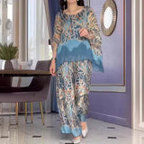 Fongt New Fall 2024 Fashion Print Round Collar Loose Wide-Leg Pants Casual Two-Piece Set-Outfit