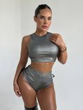 Women Flash Cloth Bandage 2 Pieces Set Summer Hollow Out Beach Bikini Swimwear Rave Festival Club Party