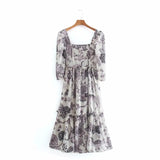 Flower Printing Three Quarter Sleeve Dress Casual Female Square Collar Loose Clothes Lady Vestido