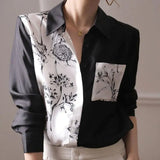 Chinese Style Printed Blouse Female Clothing Asymmetrical Patchwork Spring Autumn Stylish Pockets Single-breasted Shirt-Outfit