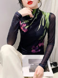 Printed Positioning Flower Double-Layer Mesh T-shirt Women Stretch Slim Full Sleeve Tees Tops HF8772-Outfit