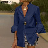 Shirts Summer Women Solid Flare Sleeve Shirts Spring Blouse 2022 VONDA Sexy V Neck Button Up Office Shirt Femininas