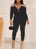 Autumn And Winter Women's Wear New Shoulder Spliced Long-Sleeved Printed Trousers Two Sets-Outfit