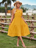 Fongt Summer Leisure Clear New Women's Single Shoulder Solid Color Flounce Waist Dress-Outfit