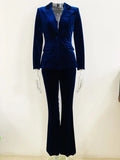 QUALITY 2023 Fall Winter Designer Runway Suit Set Women's Single Button Lapel Velvet Blazer Jacket Flare Pants