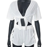 Women's Sexy Bandage T-Shirt High-Waisted Slim Shorts Set Loose Cardigan Two-Piece Suit-Outfit