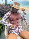 Fongt New Surf Suit Long Sleeve Anti-Diving Suit Print Flat Horn Split Body Conservative Swimsuit