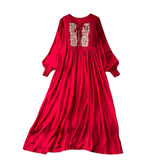 Fongt Industry Embroidery Loose Holiday Dress Women Large Size Show Lean Meat Sweet Tie With Round Lantern Sleeve Dress