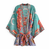 Women Blue Space Moon Flower Print Kimono Shirt Holiday Beach Tide Bow Sashes Mid Long Cardigan Blouse BOHO