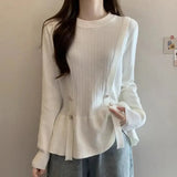 O-Neck Knitted Blouse Female Clothing Slim Waist 2023 Autumn Winter Long Sleeve Fashion Button Spliced Solid Color Shirt-Outfit