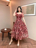 Fongt Gentle Wind And Rags Retro Tea Chiffon Dress Female Waist Temperament Shoulder Bubble Sleeve Mesh Dress