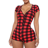 CHRONSTYLE Women Plaid Playsuit Sleepwear Camouflage Print Sexy V-neck Slim Playsuit One-piece Bodycon Buttons Up Short Jumpsuit-Outfit
