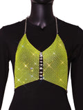 Women Trendy Shiny Rhinestone Crop Top Glitter Crystal Mesh Fishnet See Through Backless Tank Top for Women Y2K Halter