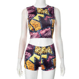 Fongt Women's Autumn And Winter Leopard Print Sleeveless Vest Shorts Open-Umbilly Shorts