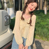 Women Summer Floral Leisure Pleated Design Kroean V-Neck Ruffles Retro French Romantic Long Sleeve Crop Tops Lady