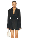 Women Chiffon Turndown Collar White Ruched Mini Dress Chic Single Breasted Longsleeve Slim Fall Dresses 2023-Outfit