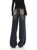 Fongt New Niche Design Contrast Jeans Women's High Street Blue Fur Mop Wide Leg Pants-Outfit