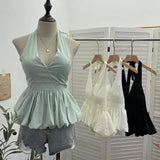 Fongt Retro Hanging Neck Tie With Bare Back Sling Skirt Folded Short Sleeveless Top Woman 9225