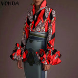 Autumn Women's Blouses Vintage Demin Shirts VONDA 2022 Fashion Pagoda Sleeve Tops Lapel Casual Loose Solid Blusas Femininas