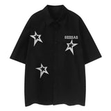 Hip Five-pointed Star Black Shirts Mens Oversized Solid Blouses Cute Button Up Shirt Y2K Streetwear Harajuku Couples Summer-Outfit