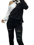 Fongt New Women's Casual Temperament Design Sense Of Color Open Shoulder Hanging Neck Long Sleeve