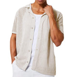 Fongt Men's Casual Knit Shirt Men's Summer New Solid Color Lapel Hollow Out Breathable Men's Short-Sleeved