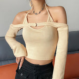 Fongt Pure Desire Wind Hot Girl Women's Sexy V Neck Hanging Neck Exposed Back Strap Vest One Word Collar Long Sleeve Vest