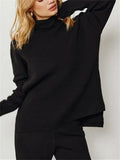 Women Knitted Suit Warm Solid Split Pullovers and Wide Pants Two-piece Suit Female Half Turtleneck Oversize Tracksuit-Outfit