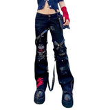 Ribbon Patchwork Punk Black Y2K Pants Women Printed Streetwear Hippie Cargo Pants Baggy Grunge Goth Zipper Hip Hop