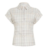 Fongt Cloth Forget British Wind Wood Ear V-Neck Check Shirt Temperament Waist Button Bubble Sleeve Top