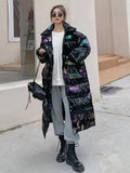 Long Winter Hooded Parkas Print Jackets Overszied Cotton Padded Coats Glossy Windbreak Waterproof Female Thick