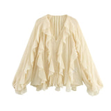 Fongt 2025 New Women's V-Neck Single Buckle Long-Sleeved Cascade Decorative Shirt 10 Colors