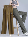 Wide Leg Cargo Pants Women Casual Thicken Baggy Sweatpants Fleece Lined High Waist Pantalones Lace Up Warm Straight