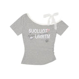 Fongt Oblique Shoulder Lace Sling Short-Sleeved Woman Design Small Sweet Short T-Shirt Girl Irregular Top