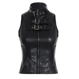 Fongt Street Babes High-Necked Metal Buckle Leather Waist Design Repair Short Sleeveless Top