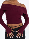 Women Off Shoulder Crop Tops Pullovers Solid Color Ribbed Slash Neck Sweaters Long Sleeve Exposed Navel Knitwear 2023-Outfit