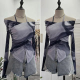 Real Shooting Sweet Cool Wind Shoulder Hanging Neck With Printed Long-Sleeved T-Shirt Under The Hem Open Fork To Collect Short Coat