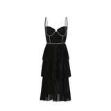 Top Quality Women Dress 2024 Early Autumn New Light Luxury Black Blut Chiffon Pleated Cake Suspender Dresses TH4588-Outfit