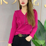 V-Neck Solid Color T-shirt Sweet Ruffles Spring Autumn Fashion Button Women's Clothing Long Sleeve All-match Pullovers-Outfit